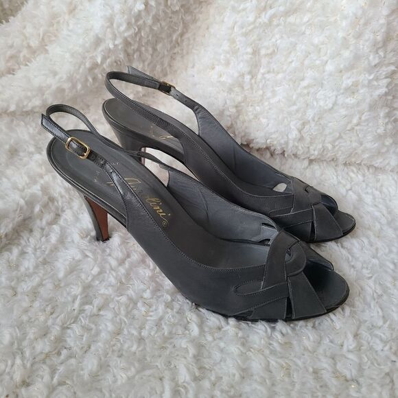 Garolini Italian Leather Vintage Gray‎ Slingback Peep-toe Heels - Picture 1 of 9